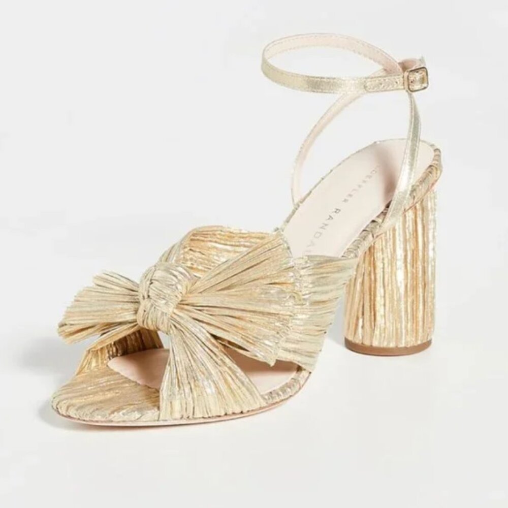 Loeffler Randall Metallic Gold Bow Block Heel Sandals